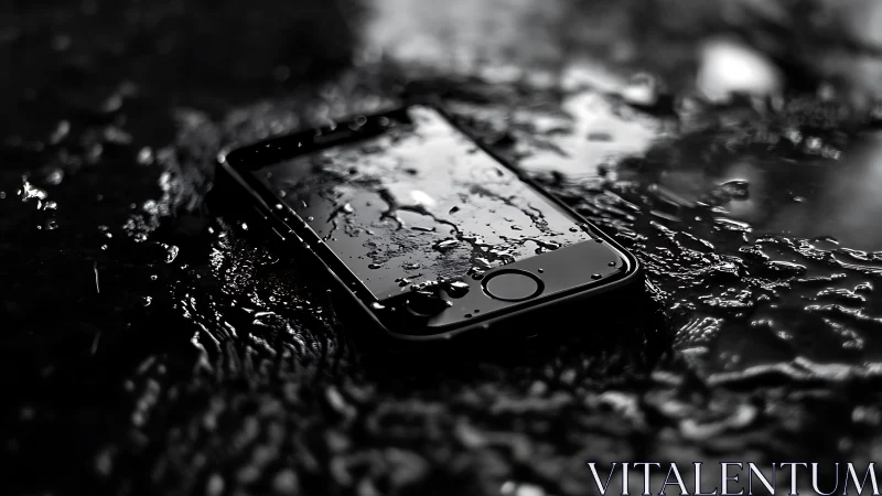 Wet smartphone in high-contrast monochrome surface study.