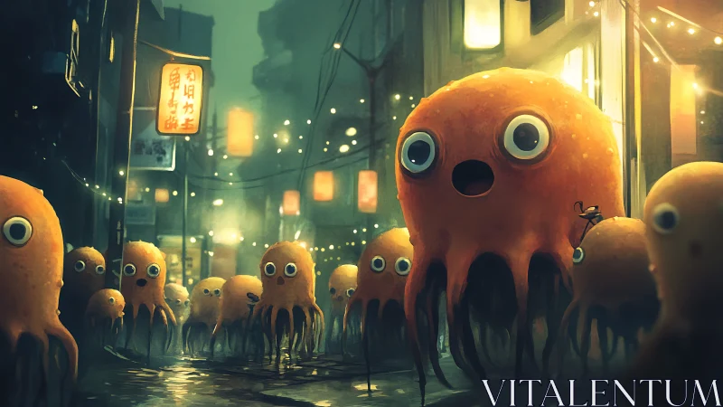 Whimsical orange octopus creatures wander misty neon alley.