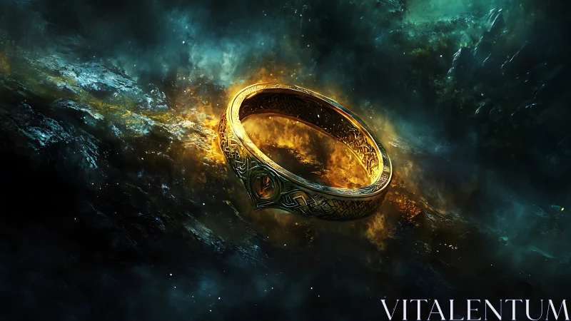 Gleaming golden ring drifts through swirling cosmic fire