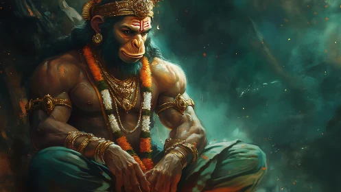 Brooding warrior monkey god wrapped in emberlit stillness.