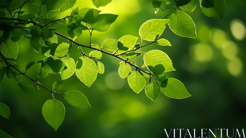 Sunlit Green Leaves on Branch in Natural Bokeh Style Photograph.