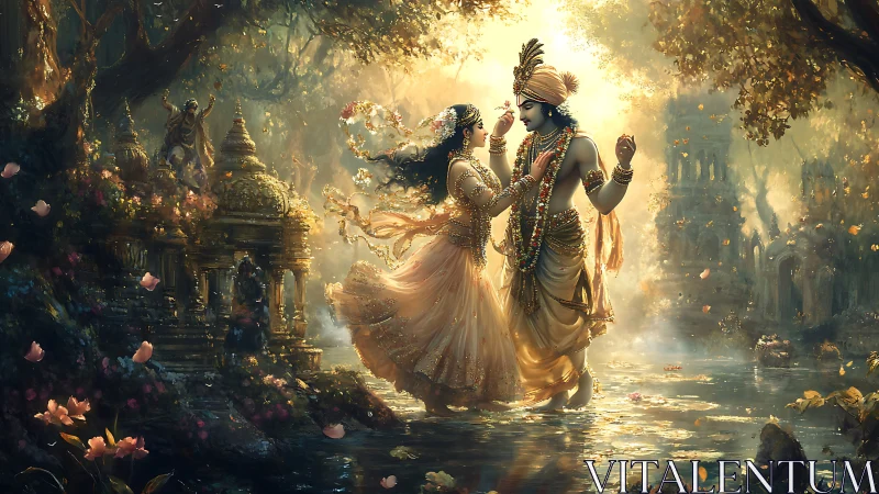 Radiant lovers dancing in a glowing enchanted forest pond.