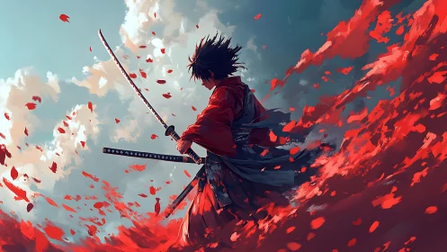Samurai in turbulent crimson petals, dynamic motion study.