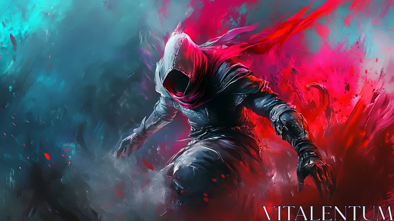 Hooded rogue lunges through cyan and crimson vortex field.