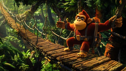 Cartoon gorilla crosses sunlit jungle rope bridge in 3D.