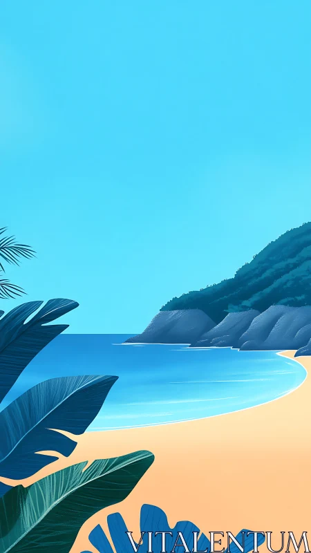 Tropical beach cove with palm fronds, turquoise water, and rocky headland.