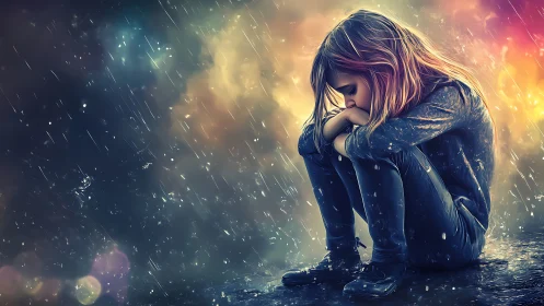 Lonely girl curls into herself under glowing stormy rain