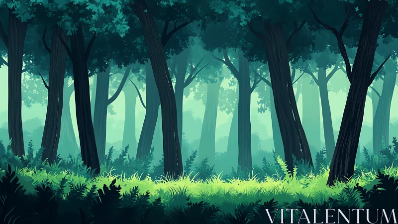 Misty Forest Clearing with Towering Ancient Trees