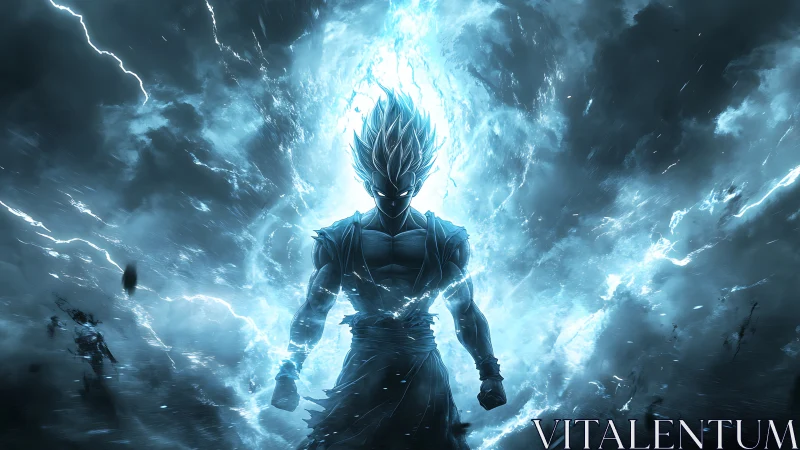 Silhouetted energy figure in stormy blue electric field.