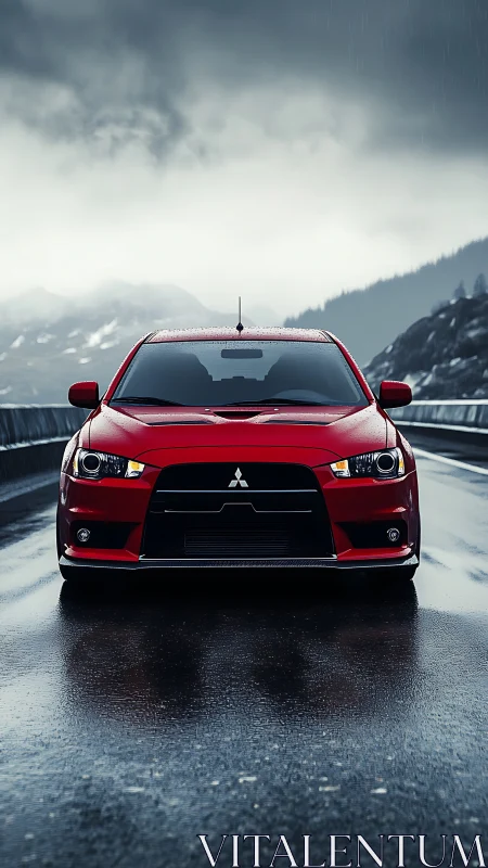Red Mitsubishi sports car on wet mountain highway at dusk.