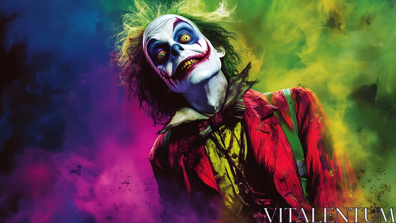 Grinning horror clown leans amid neon smoke and color haze