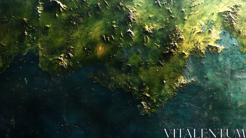 Topographic fantasy coastline rendered with detailed relief lighting