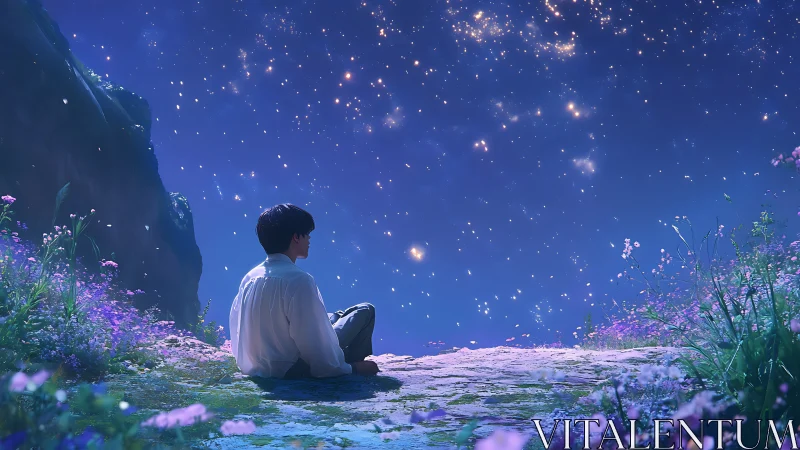 Quiet stargazing moment on a flower-lined cliff at night.