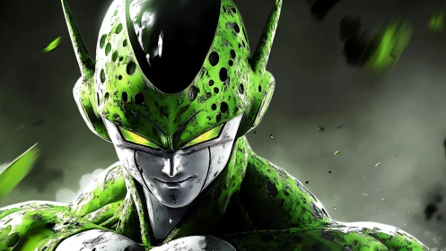 Biomechanical green warrior portrait with glowing yellow eyes