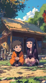 Two anime children sit outside a wooden rural house