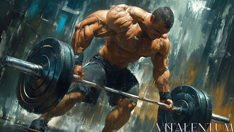 Muscular athlete strains under heavy barbell deadlift