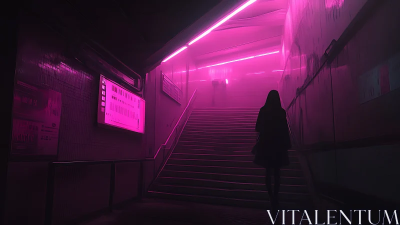 Silhouette walks up neon lit subway stairs in pink fog