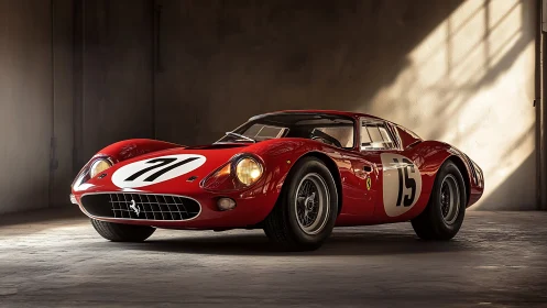 Classic red race car glowing in gentle golden garage light.