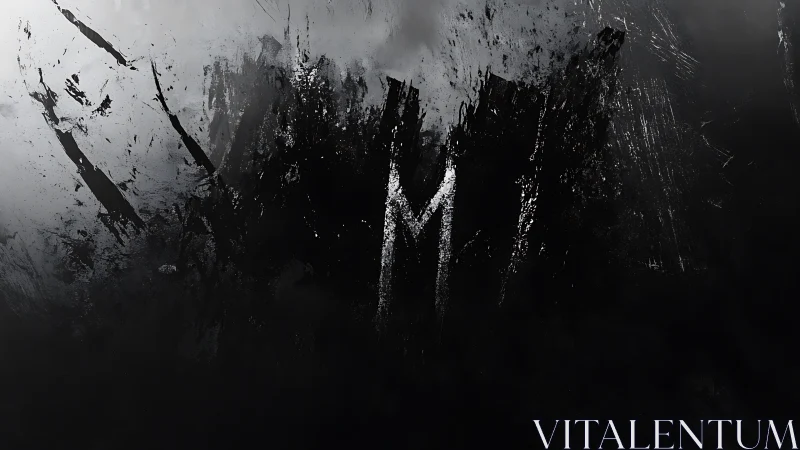 Monochrome abstract smear with bold central M mark.