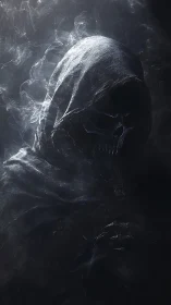 Mysterious hooded reaper emerging from swirling silver mist.
