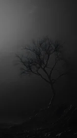 Solitary bare tree curves upward against dense nocturnal fog