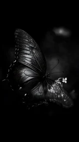 Nocturnal butterfly in dramatic monochrome spotlighted flight.