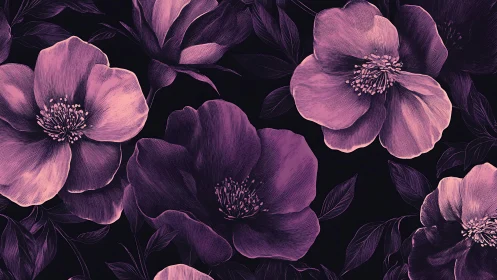 Purple Hellebore Blooms on Dark Background.