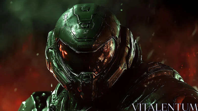 Heavily worn sci fi combat helmet with reflective visor in firelit haze