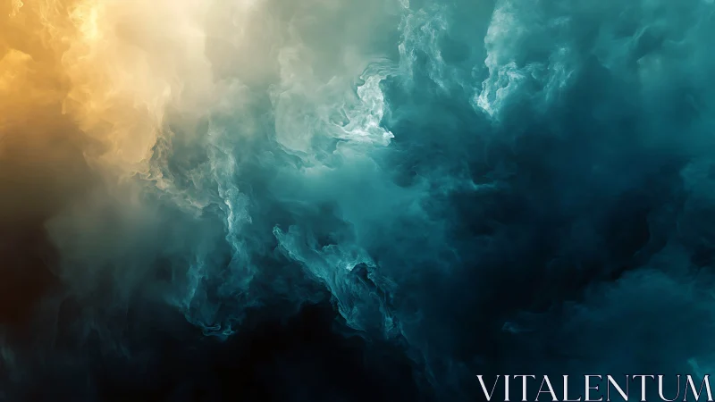 Celestial mist collides where teal oceans meet ember light.