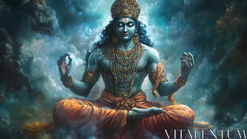 Digital painting of meditative deity in celestial cloud space.