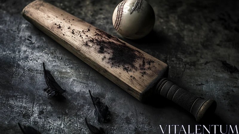 Weathered cricket bat with ball on gritty dark surface.