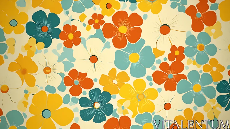 Bold flat floral pattern in teal, orange and yellow hues.