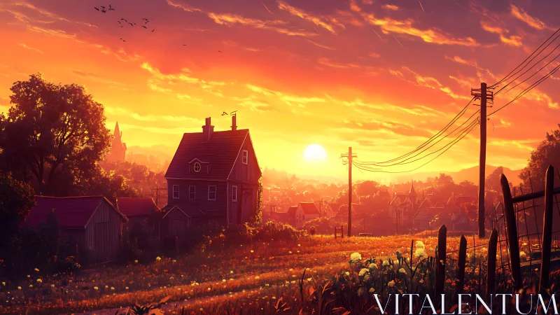 Sunset-lit rural farmhouse overlooks glowing valley townscape