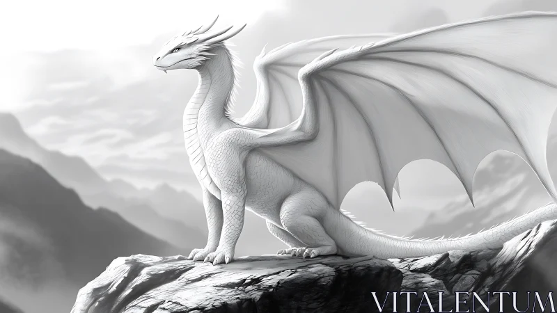 White dragon stands on rocky cliff in grayscale mountain landscape