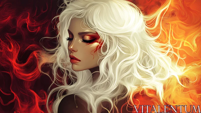 Volumetric fire portrait with high-luminance silver hair.