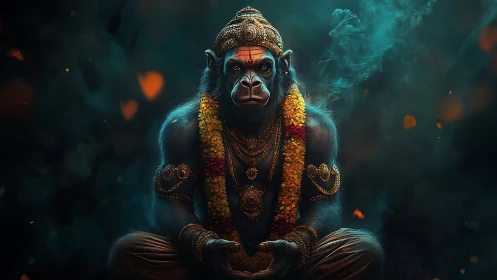 Mythic gorilla deity in ornate gold jewelry and garlands.