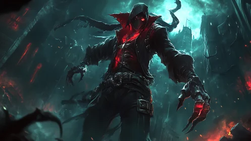 Crimson Wraith Stalker in a Ruined Neon Nightscape.