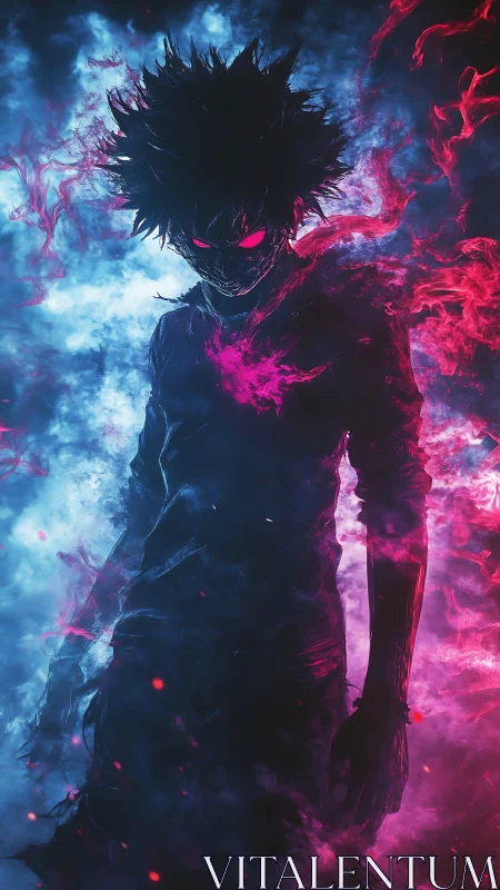 Dark anime figure stands in glowing red and blue energy