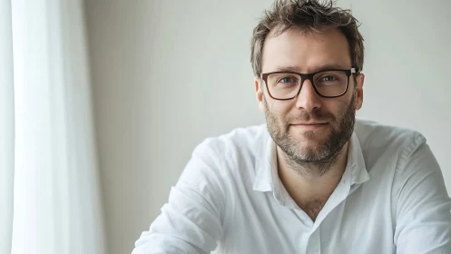 Man with glasses in white shirt in bright indoor setting.