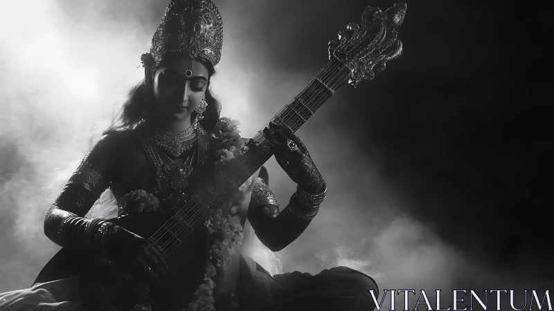 Monochrome depiction of veena playing figure in ritual dress.