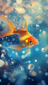 High-saturation goldfish rendered with bokeh depth and bubble refraction