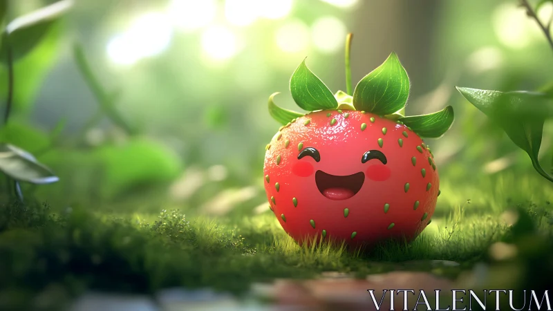 Smiling cartoon strawberry character sits on mossy forest floor