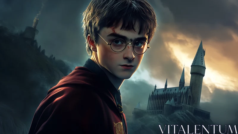 Young wizard portrait before storm-lit gothic castle