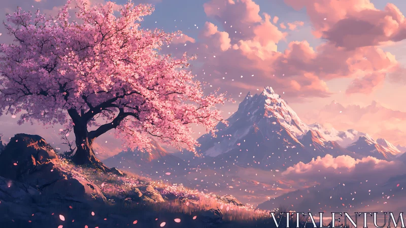Pink cherry blossom tree over valley and distant mountains.