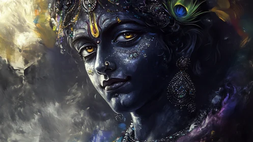Divine blue-faced deity rendered in luminous digital chiaroscuro