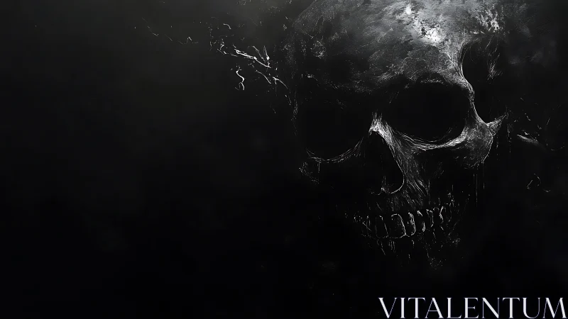 Monochrome skeletal portrait emerges from deep negative space