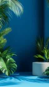 Lush tropical leaves glowing softly against deep blue walls.