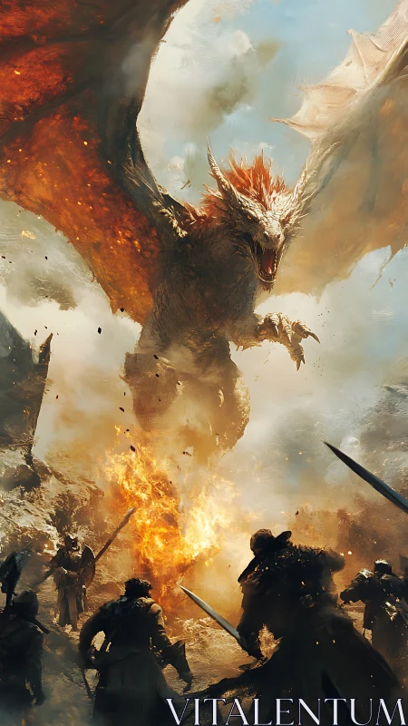 Armored warriors confront fire-breathing dragon mid-battle.