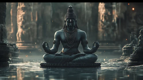 Serene stone deity meditates over reflective temple water
