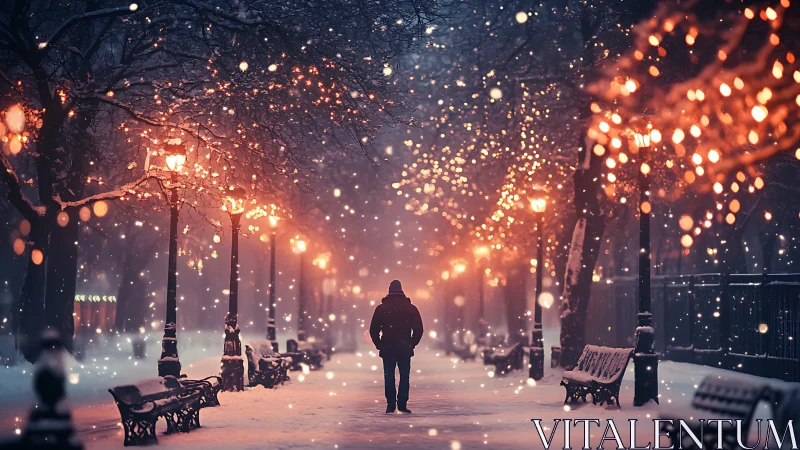 Solitary figure on illuminated park path during snowfall.